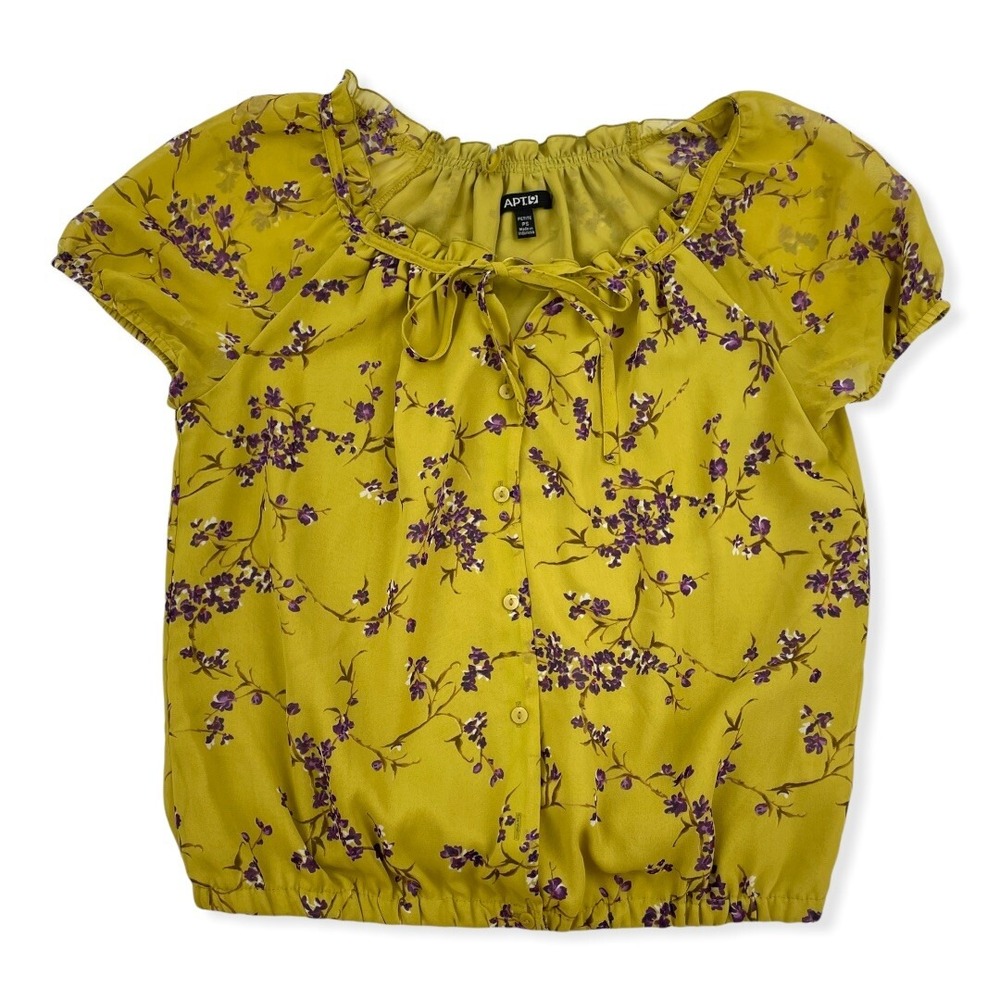 APT 9. Green Purple Ruffled Floral Blouse Sz PS Petite Small Elastic Waist Lined